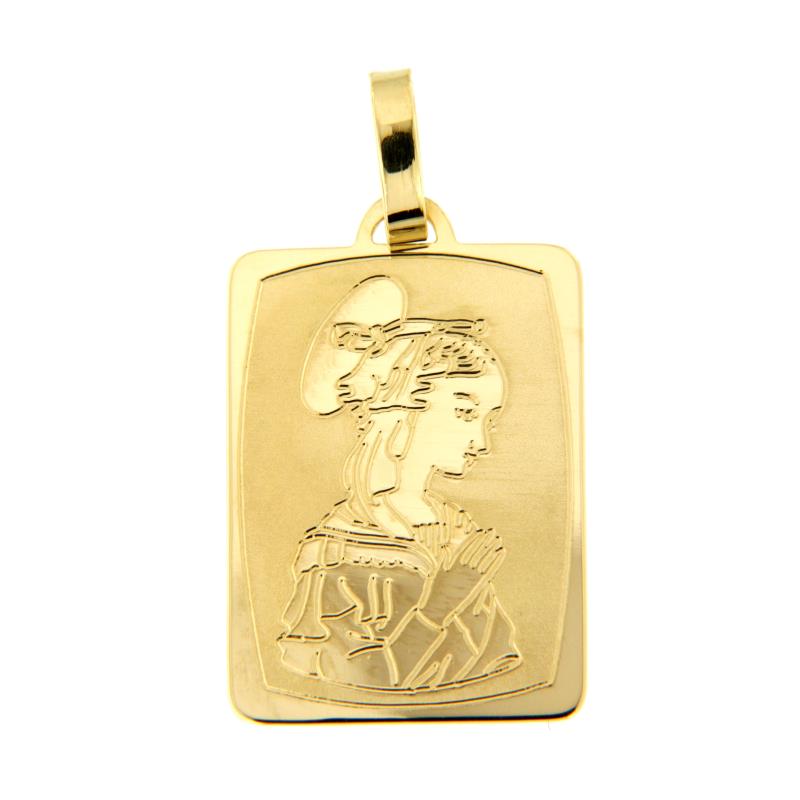 MEDAGLIA RELIGIOSA ORO GIALLO 750/1000 RETTANGOLARE SEMI-SATINATA CON MADONNA - 