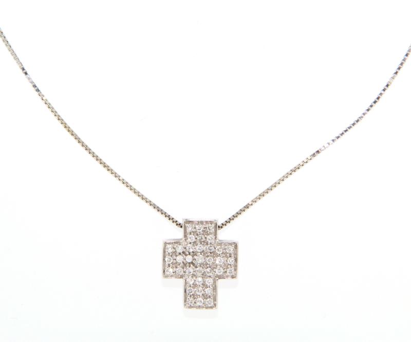 CATENINA IN ORO BIANCO 750/1000 MAGLIA VENETA CON PENDENTE CROCE CON DIAMANTI DI  CT 0.30 TOT. - 