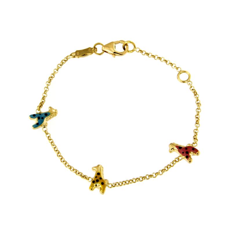 BRACCIALE ORO GIALLO 750/1000 MAGLIA ROLO' CON GIRAFFE SMALTATE - CM 14.5 - 