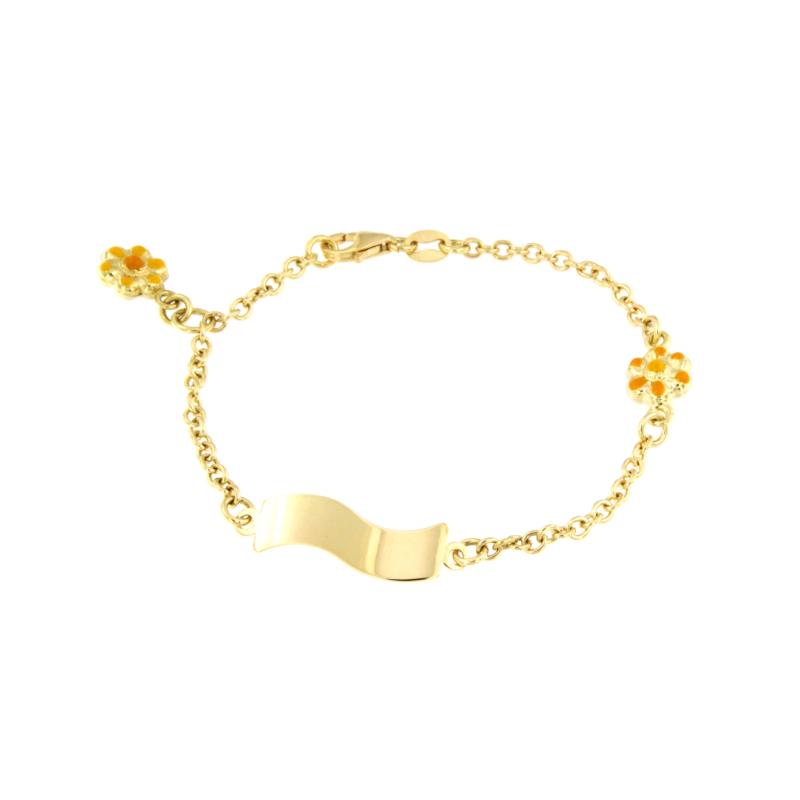 BRACCIALE ORO GIALLO 750/100 MAGLIA ROLO' CON FIORI SMALTATI E TARGHETTA - CM.16 - 