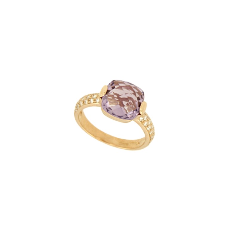 ANELLO ORO ROSA 750/1000 CON AMETISTA E DI DIAMANTI TAGLIO BRILLANTE CT 0.18 TOTALI G - VS2 - MIS. 15 (MAX 2 MISURE) - 