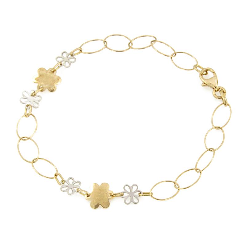 BRACCIALE DUE ORI 750/1000 MAGLIA OVALI CON FIORI - CM. 19 - 