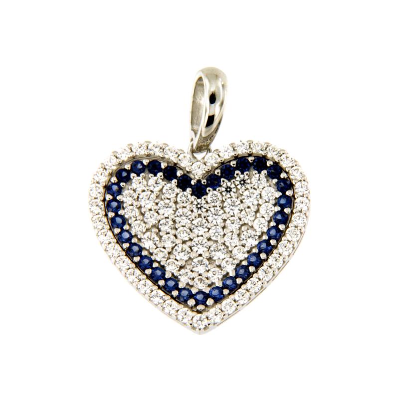 CIONDOLO ORO BIANCO 750/1000 CUORE CON PAVÈ DI ZIRCONI BIANCHI E BLU - 