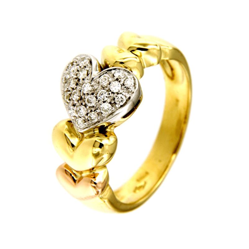 ANELLO TRE ORI 750/1000 CUORI E PAV&Egrave; DI DIAMANTI TAGLIO BRILLANTE CT. 0.30 TOTALI G - SI2 - MIS. 21.5 - 