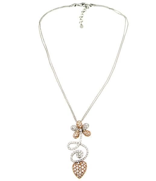 COLLANA ORO BIANCO 750/1000 PENDENTE DUE ORI CUORE E FIORE CON PAV&Egrave; DI DIAMANTI T. BRILLANTE CT. 2.80 TOT. G - VS2 - 