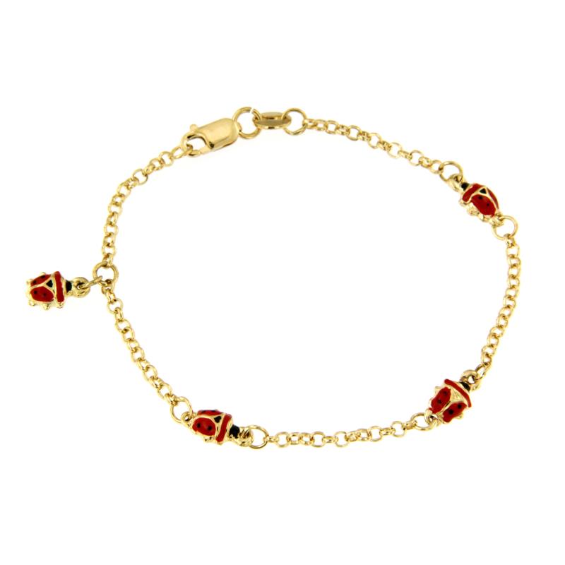 BRACCIALE ORO GIALLO 750/1000 MAGLIA ROL&Ograve; CON COCCINELLE SMALTATE - CM 15 - 