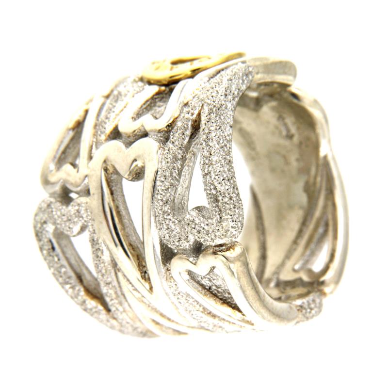 PIANEGONDA - ANELLO - ARGENTO 925/1000 E ORO GIALLO 750/1000 - A CUORE SEMI-DIAMANTATI - MIS. 18 - 