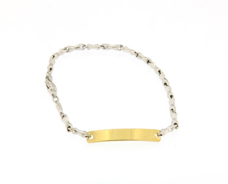 BRACCIALE DUE ORI BIANCO E GIALLO 750\1000 MAGLIA A PLACCHE CON TARGHETTA LUNGHEZZA 16,5 CM LARGHEZZA 0,5  - 