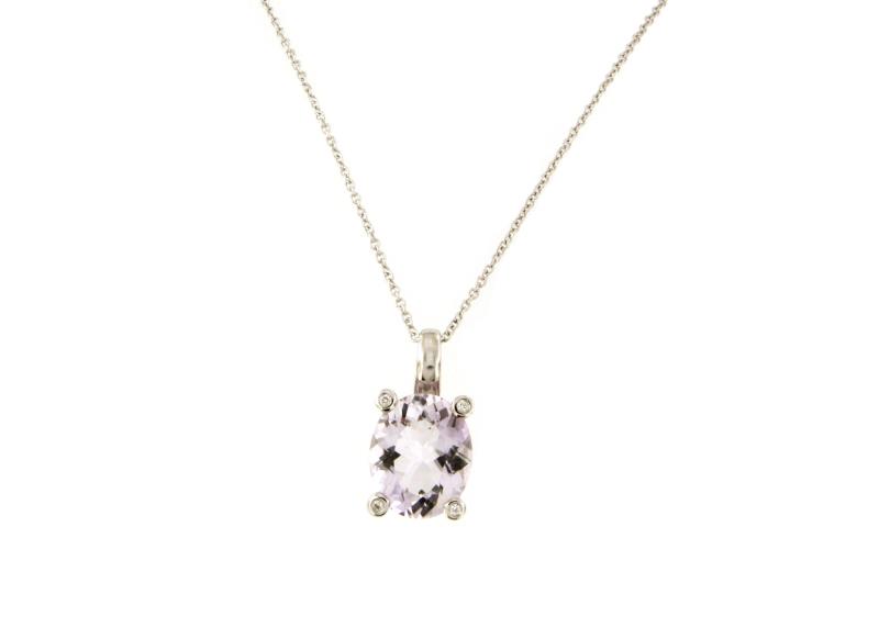 CATENA CON PENDENTE ORO BIANCO 750/1000 CON KUNZITE OVALE E DIAMANTI TAGLIO BRILLANTE CT 0.02 TOTALI H - SI1 - CM 45 - 