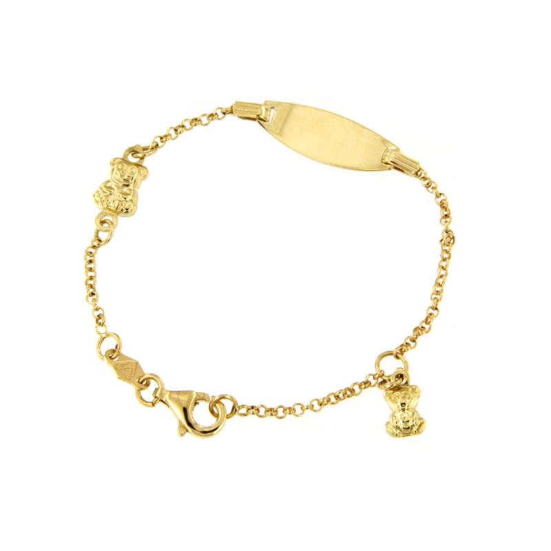 BRACCIALE ORO GIALLO 750/1000 MAGLIA ROLÒ CON ORSETTI E TARGHETTA - CM 14 - 