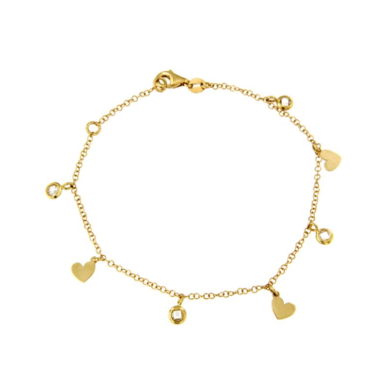 BRACCIALE ORO GIALLO 750/1000 MAGLIA ROL&Ograve; CON CUORI E ZIRCONI PENDENTI - CM 18 - 