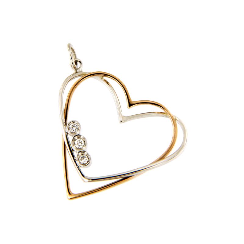 CIONDOLO DUE ORI 750/1000 CUORE DOPPIO FILO CON DIAMANTI TAGLIO BRILLANTE CT 0.05 TOTALI H - SI1 - 