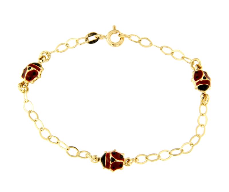 BRACCIALE ORO GIALLO 750/1000 MAGLI ROLO' CON COCCINELLE SMALTATE - CM 14 - 