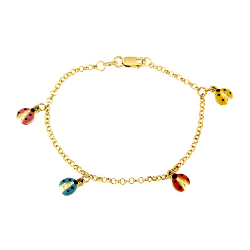 BRACCIALE ORO GIALLO 750/1000 MAGLIA ROLÒ CON COCCINELLE SMALTATE - CM 15 - 