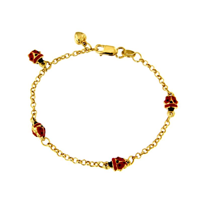 BRACCIALE ORO GIALLO 750/1000 MAGLIA ROLÒ CON COCCINELLE SMALTATE - CM 14 - 