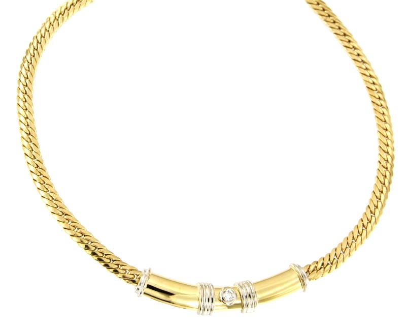 GIROCOLLO DUE ORI 750/1000 MAGLIA GRUMETTE CON CENTRALE CON DIAMANTE TAGLIO BRILLANTE CT 0.10 G - VS2 - 