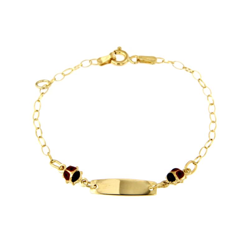 BRACCIALE ORO GIALLO 750/1000 CON COCCINELLE SMALTATE E TARGHETTA - CM15.5  - 