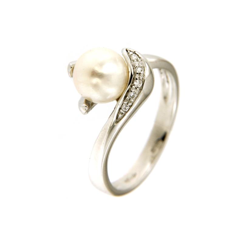 ANELLO ORO BIANCO 750/1000 CON PERLA AKOYA MM 7.50 E DIAMANTI TAGLIO BRILLANTE CT 0.03 TOTALI G - SI1 - MIS. 15 - 