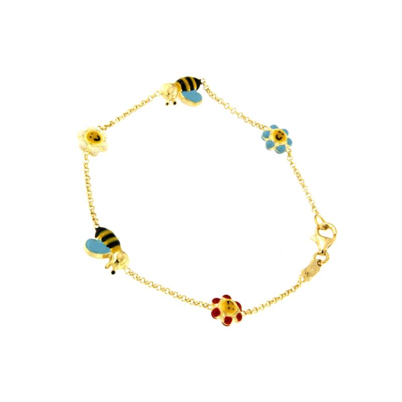 BRACCIALE ORO GIALLO 750/1000 CON API E FIORI SMALTATI - CM. 18 - 